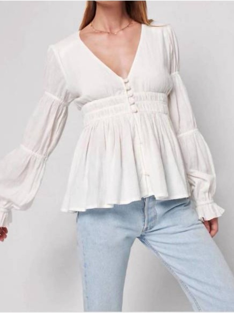 Faherty Colette Top White Hippie Peasant Top Long Sleeve Size Medium Organic